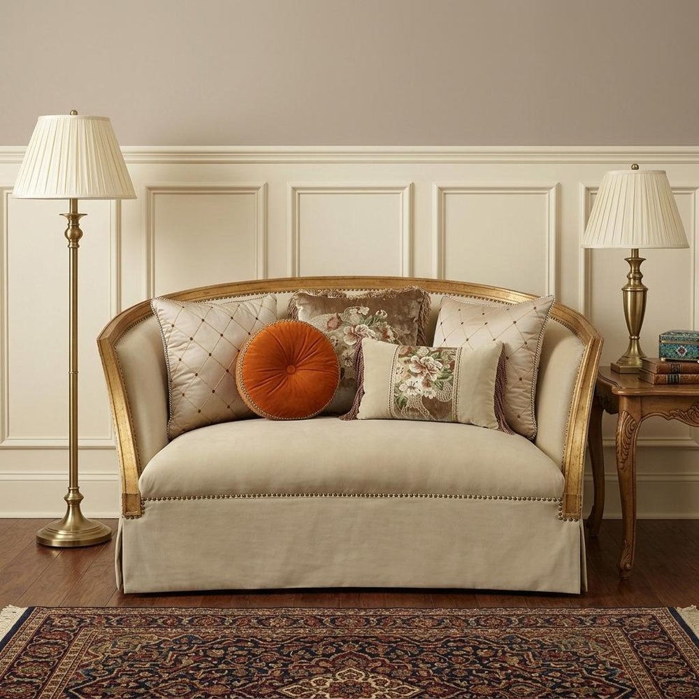 Tan and Gold Curved Loveseat and Toss Pillows - 70-inch