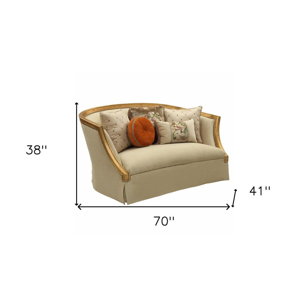 Tan and Gold Curved Loveseat and Toss Pillows - 70-inch
