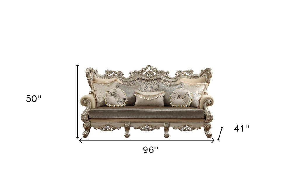 Champagne Cotton Blend Curved Floral Sofa and Toss Pillows - 41-inch