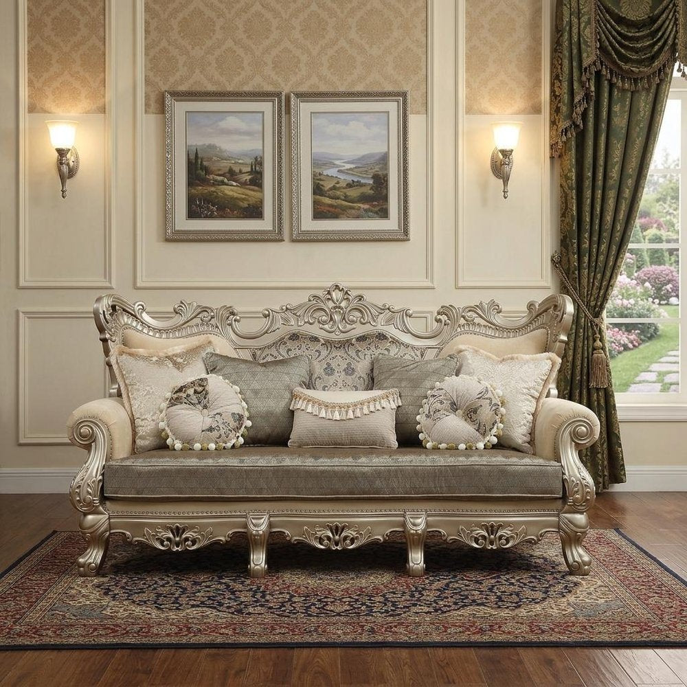 Champagne Cotton Blend Curved Floral Sofa and Toss Pillows - 41-inch