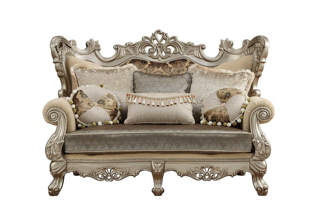 Cream and Platinum Damask Chesterfield Loveseat and Toss Pillows - 72-inch