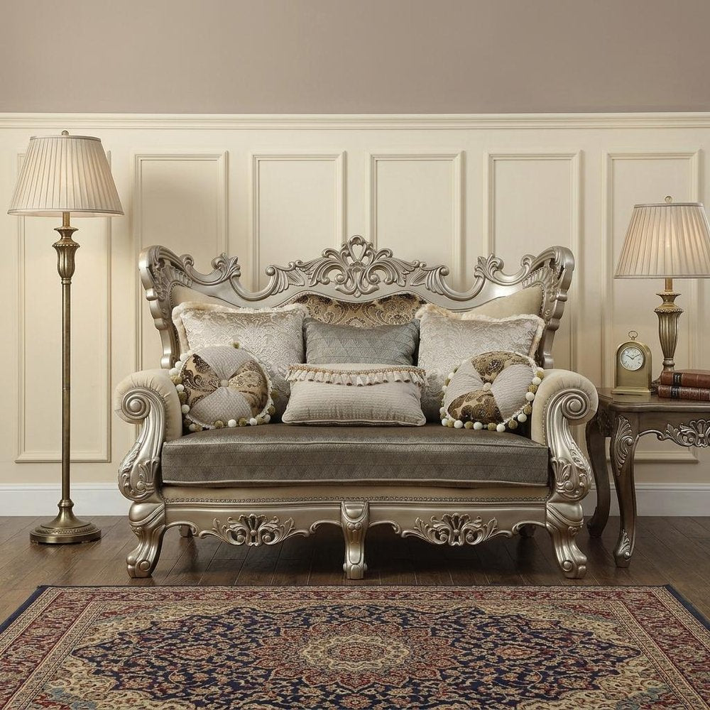 Cream and Platinum Damask Chesterfield Loveseat and Toss Pillows - 72-inch