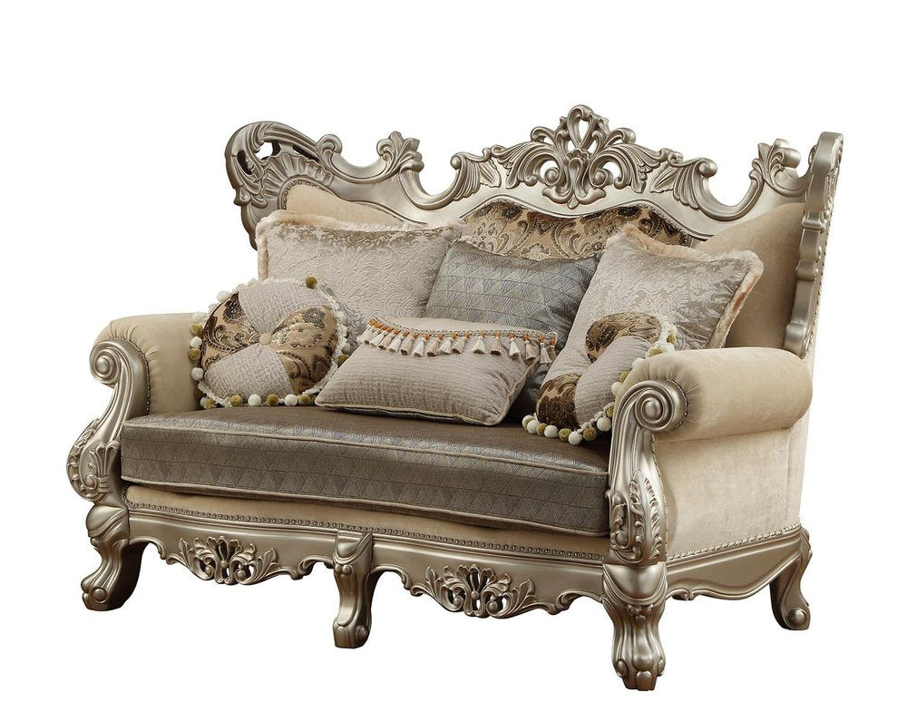 Cream and Platinum Damask Chesterfield Loveseat and Toss Pillows - 72-inch