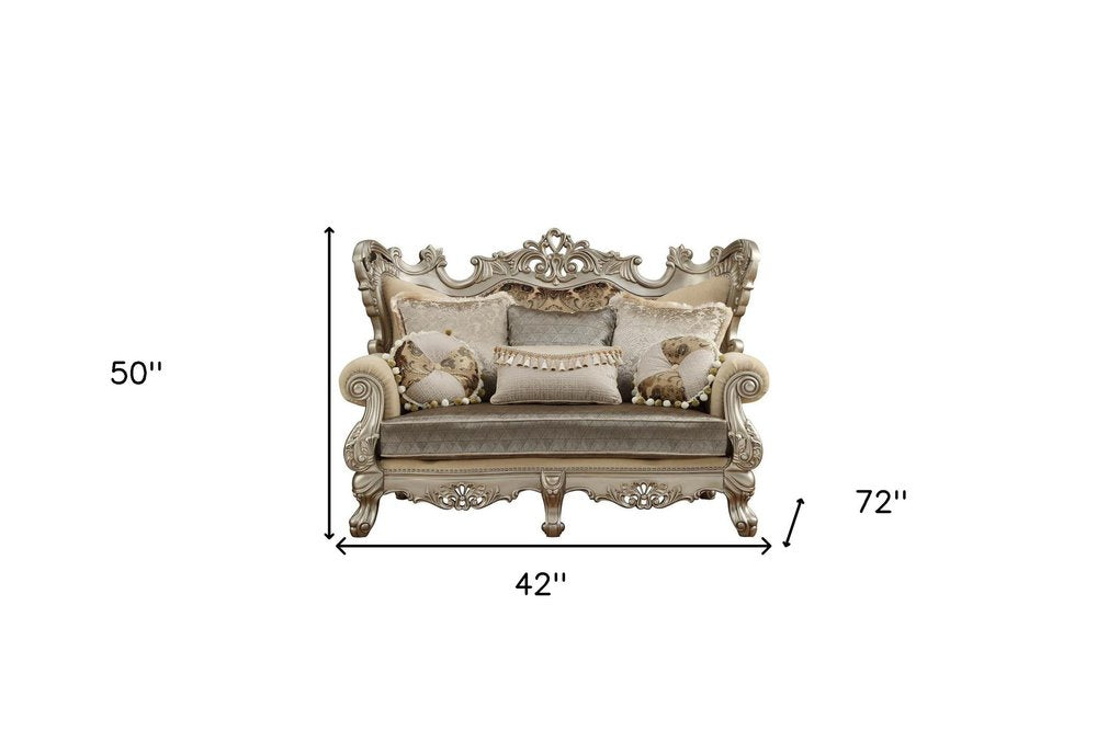 Cream and Platinum Damask Chesterfield Loveseat and Toss Pillows - 72-inch