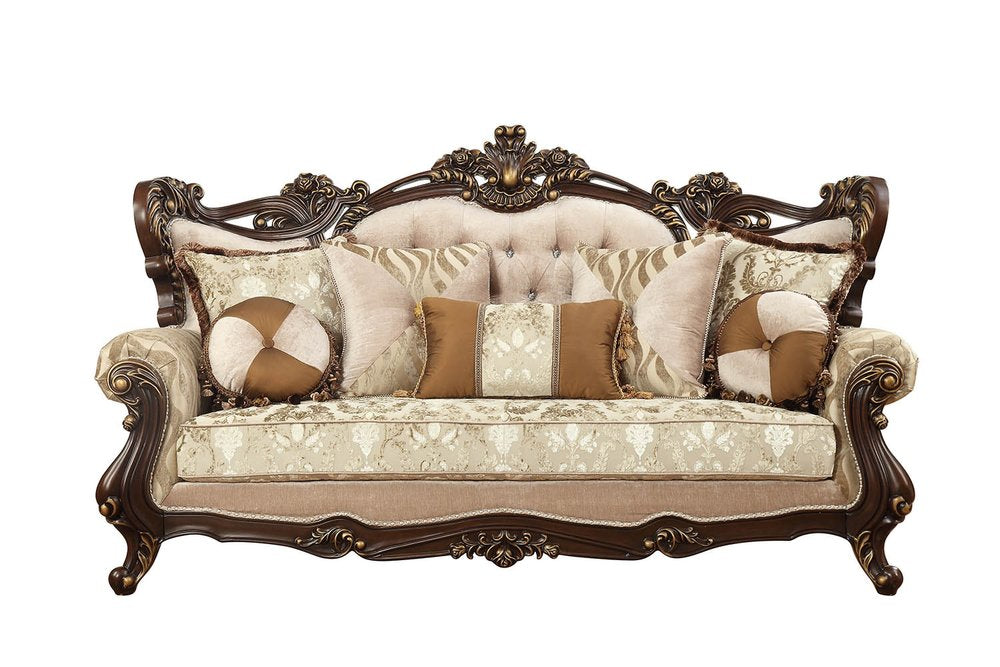 Beige Polyester Blend Curved Damask Sofa and Toss Pillows with Brown Legs