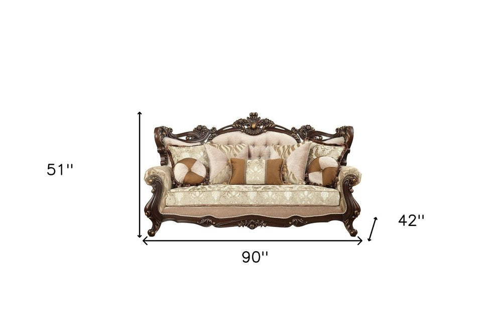 Beige Polyester Blend Curved Damask Sofa and Toss Pillows with Brown Legs