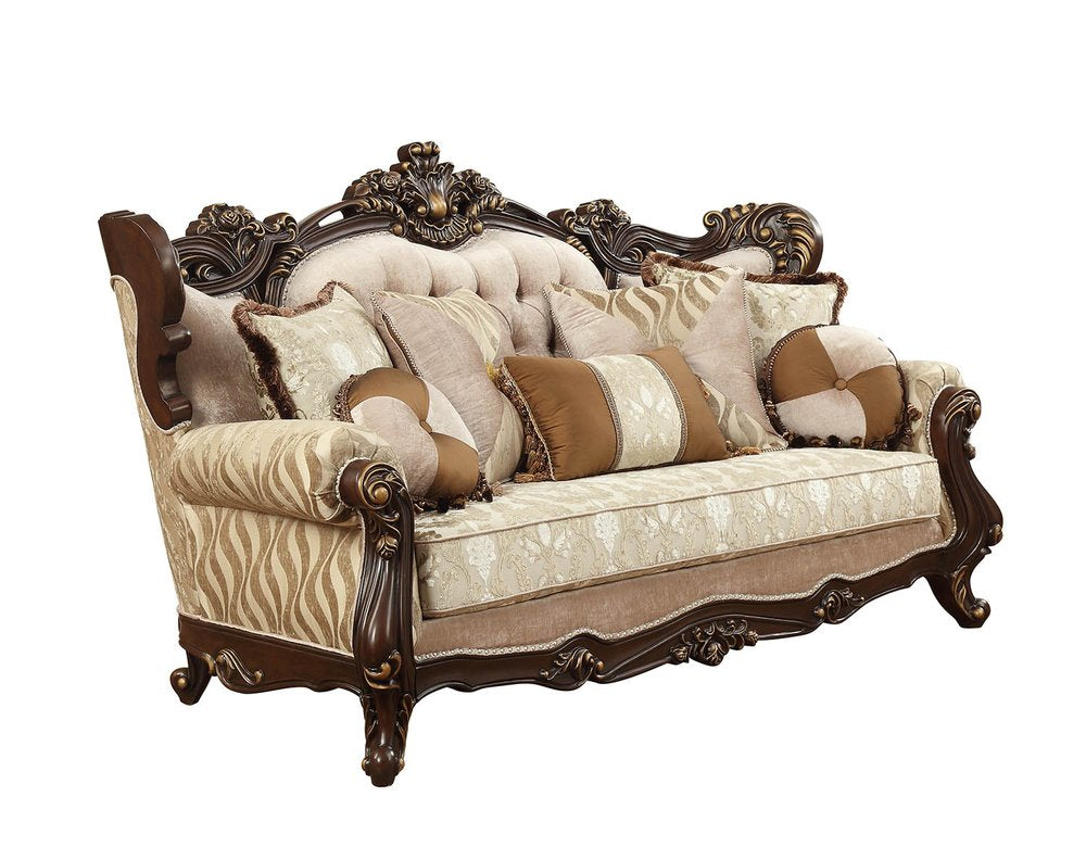 Beige Polyester Blend Curved Damask Sofa and Toss Pillows with Brown Legs