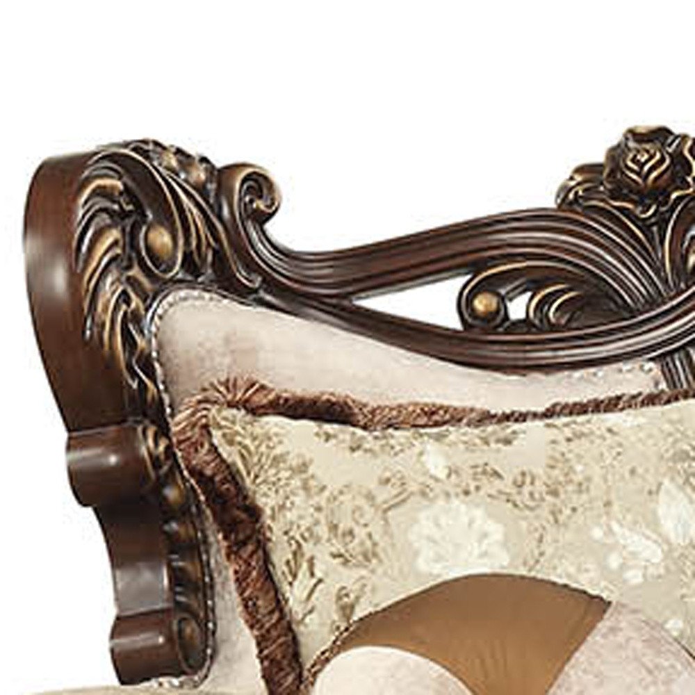 Beige Polyester Blend Curved Damask Sofa and Toss Pillows with Brown Legs