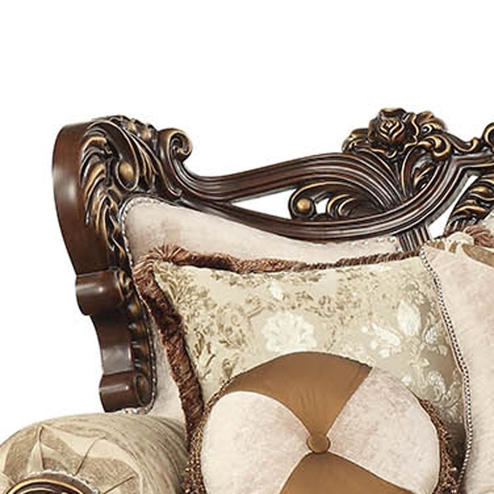 Beige Polyester Blend Curved Damask Sofa and Toss Pillows with Brown Legs