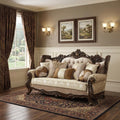Beige Polyester Blend Curved Damask Sofa and Toss Pillows with Brown Legs