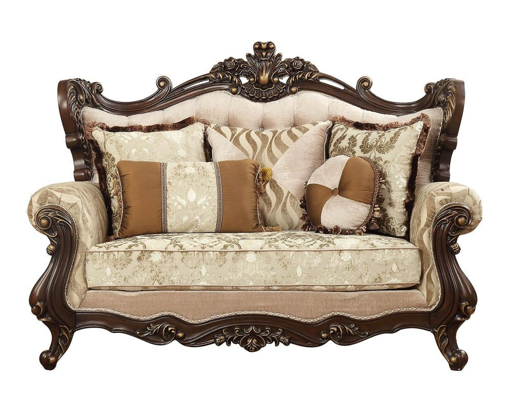 Beige and Brown and Brown Damask Loveseat and Toss Pillows - 70-inch