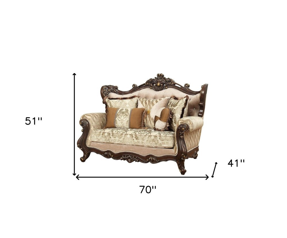 Beige and Brown and Brown Damask Loveseat and Toss Pillows - 70-inch