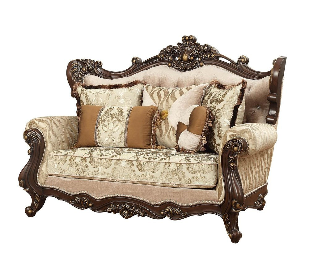 Beige and Brown and Brown Damask Loveseat and Toss Pillows - 70-inch