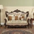 Beige and Brown and Brown Damask Loveseat and Toss Pillows - 70-inch