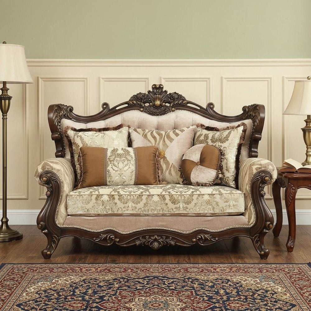 Beige and Brown and Brown Damask Loveseat and Toss Pillows - 70-inch