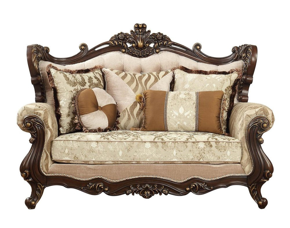Beige and Brown and Brown Damask Loveseat and Toss Pillows - 70-inch
