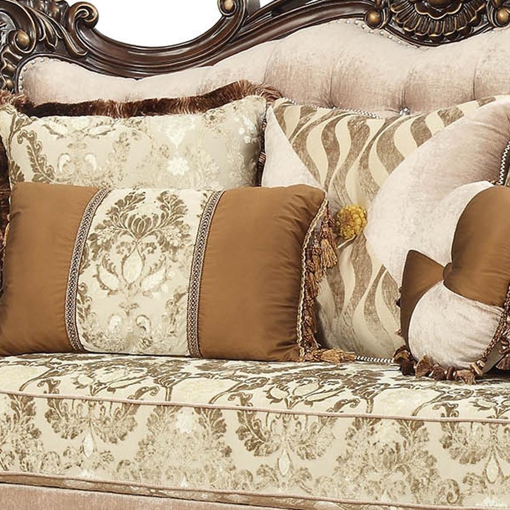 Beige and Brown and Brown Damask Loveseat and Toss Pillows - 70-inch