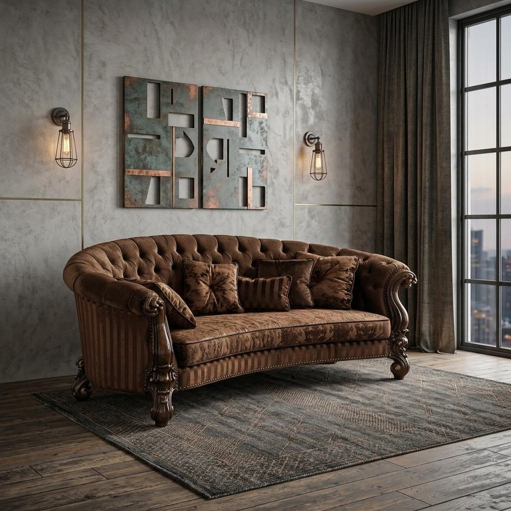 Brown Velvet Curved Sofa and Toss Pillows - 55-inch