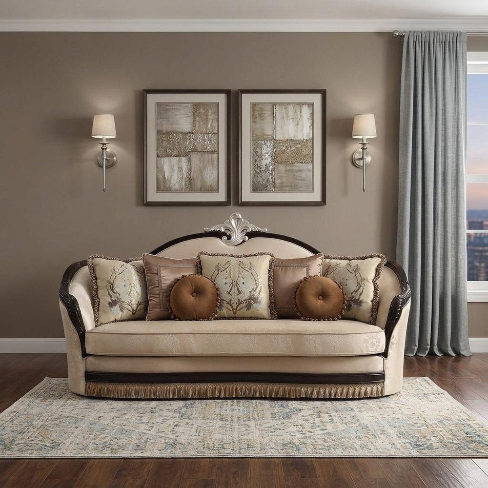 Tan Velvet Curved Sofa and Toss Pillows - 41-inch