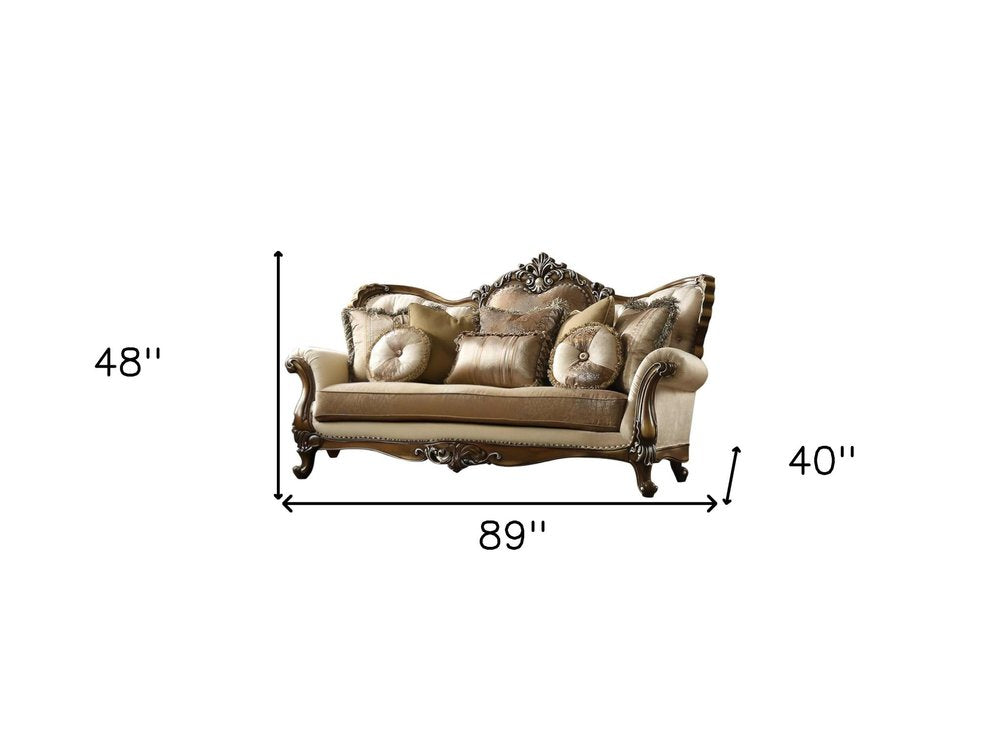 Tan Polyester Blend Curved Floral Sofa and Toss Pillows with Brown Legs