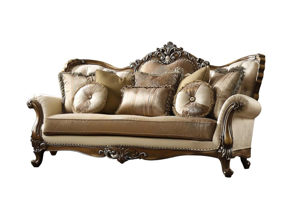 Tan Polyester Blend Curved Floral Sofa and Toss Pillows with Brown Legs