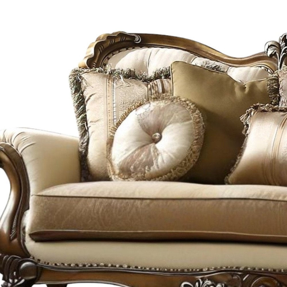 Tan Polyester Blend Curved Floral Sofa and Toss Pillows with Brown Legs