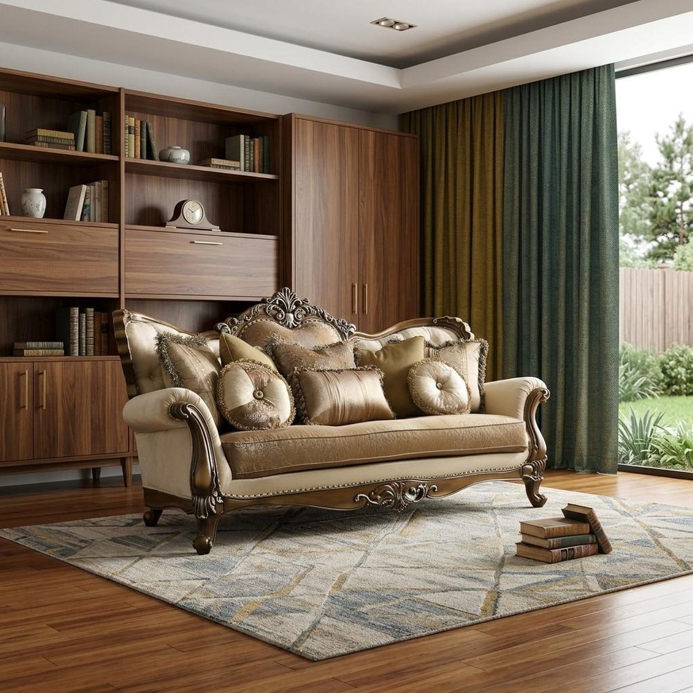 Tan Polyester Blend Curved Floral Sofa and Toss Pillows with Brown Legs
