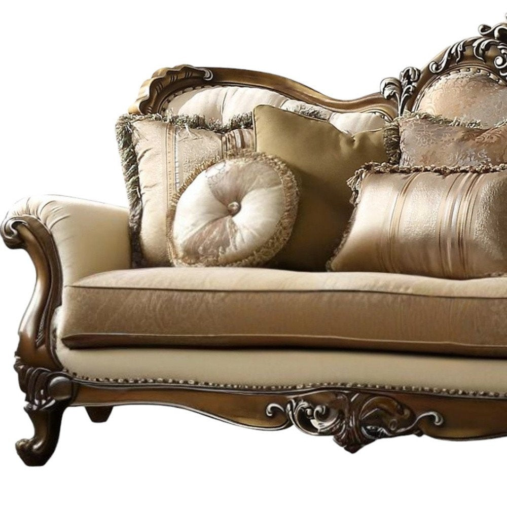 Tan Polyester Blend Curved Floral Sofa and Toss Pillows with Brown Legs