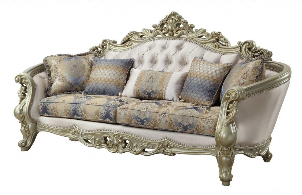 Antiqued White Velvet Curved Floral Sofa and Toss Pillows with Champagne Legs