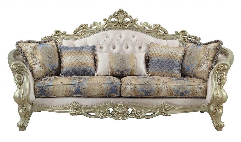 Antiqued White Velvet Curved Floral Sofa and Toss Pillows with Champagne Legs