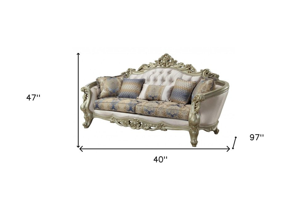 Antiqued White Velvet Curved Floral Sofa and Toss Pillows with Champagne Legs