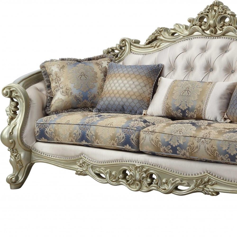 Antiqued White Velvet Curved Floral Sofa and Toss Pillows with Champagne Legs
