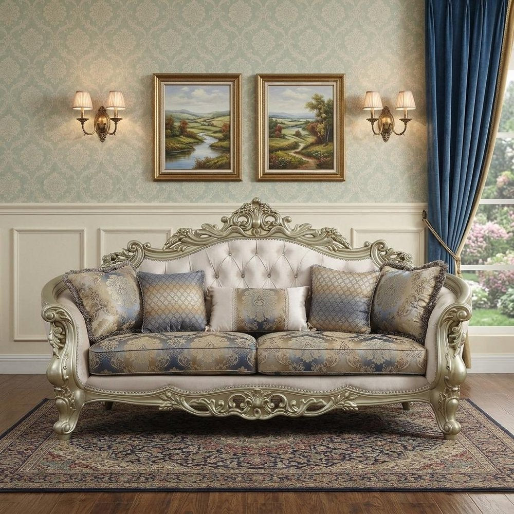 Antiqued White Velvet Curved Floral Sofa and Toss Pillows with Champagne Legs