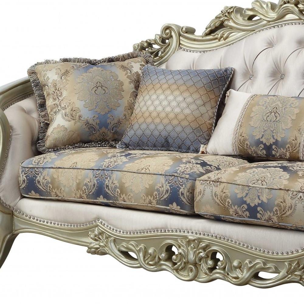 Antiqued White Velvet Curved Floral Sofa and Toss Pillows with Champagne Legs