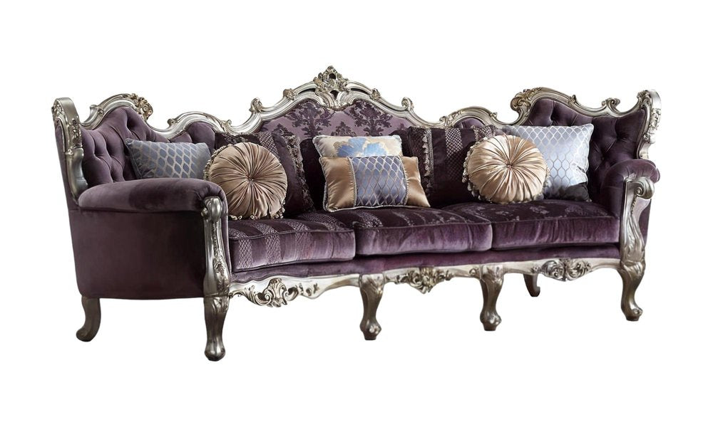 Dark Purple Velvet Curved Striped Sofa and Toss Pillows with Platinum Legs
