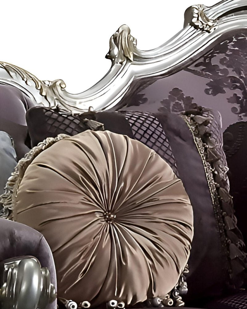Dark Purple Velvet Curved Striped Sofa and Toss Pillows with Platinum Legs
