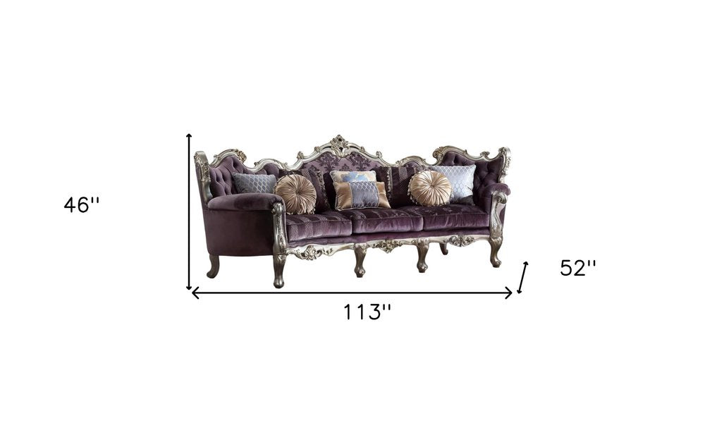 Dark Purple Velvet Curved Striped Sofa and Toss Pillows with Platinum Legs