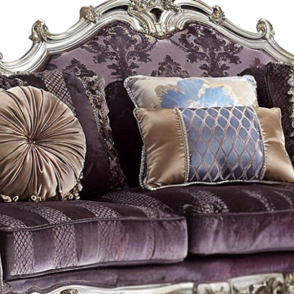 Dark Purple Velvet Curved Striped Sofa and Toss Pillows with Platinum Legs