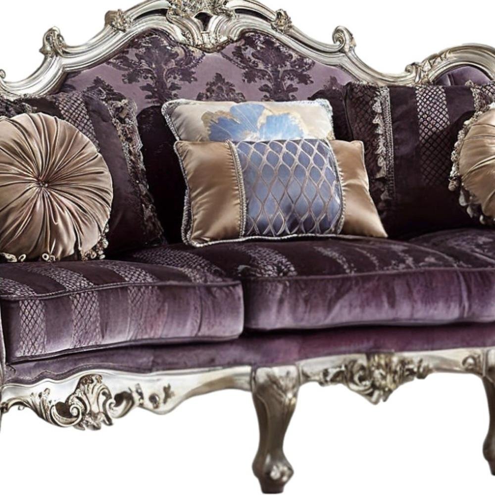 Dark Purple Velvet Curved Striped Sofa and Toss Pillows with Platinum Legs