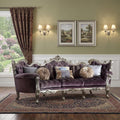 Dark Purple Velvet Curved Striped Sofa and Toss Pillows with Platinum Legs