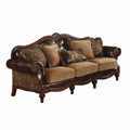 Brown Faux Leather and Chenille Sofa and Toss Pillows with Dark Brown Legs