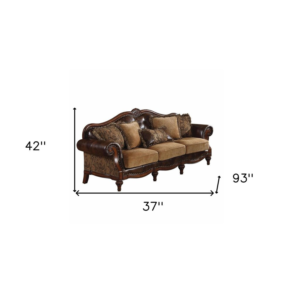 Brown Faux Leather and Chenille Sofa and Toss Pillows with Dark Brown Legs