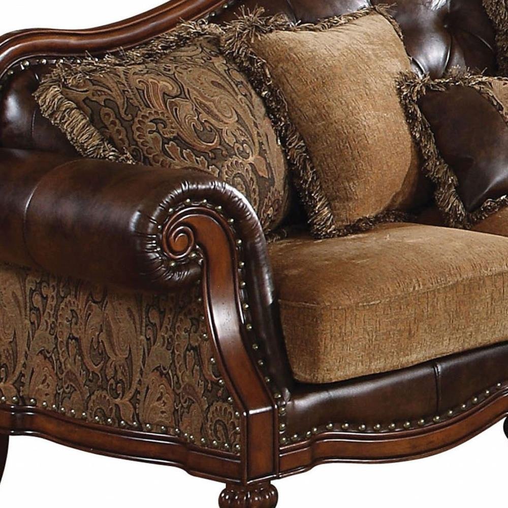 Brown Faux Leather and Chenille Sofa and Toss Pillows with Dark Brown Legs