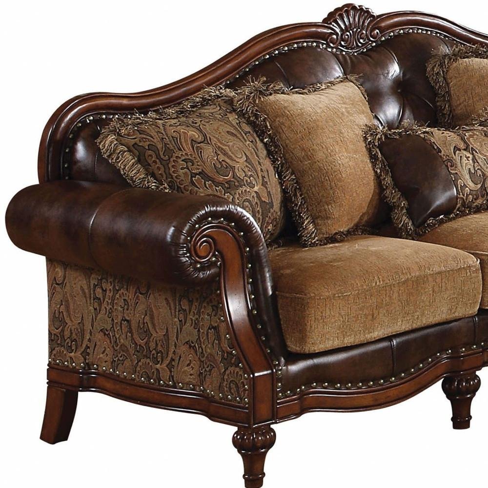 Brown Faux Leather and Chenille Sofa and Toss Pillows with Dark Brown Legs