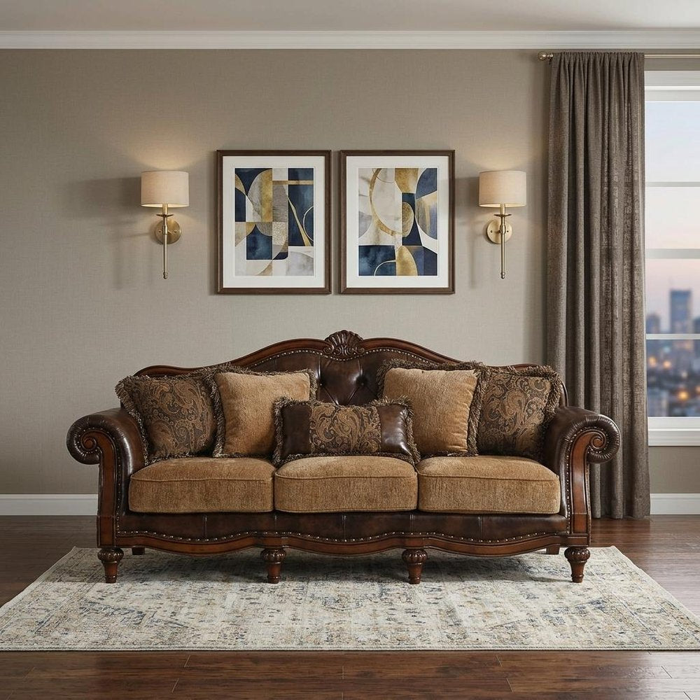 Brown Faux Leather and Chenille Sofa and Toss Pillows with Dark Brown Legs