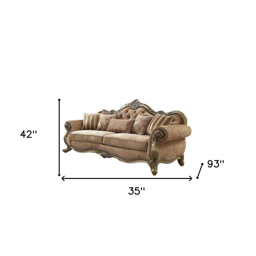 Brown Velvet Floral Sofa and Toss Pillows - 35-inch