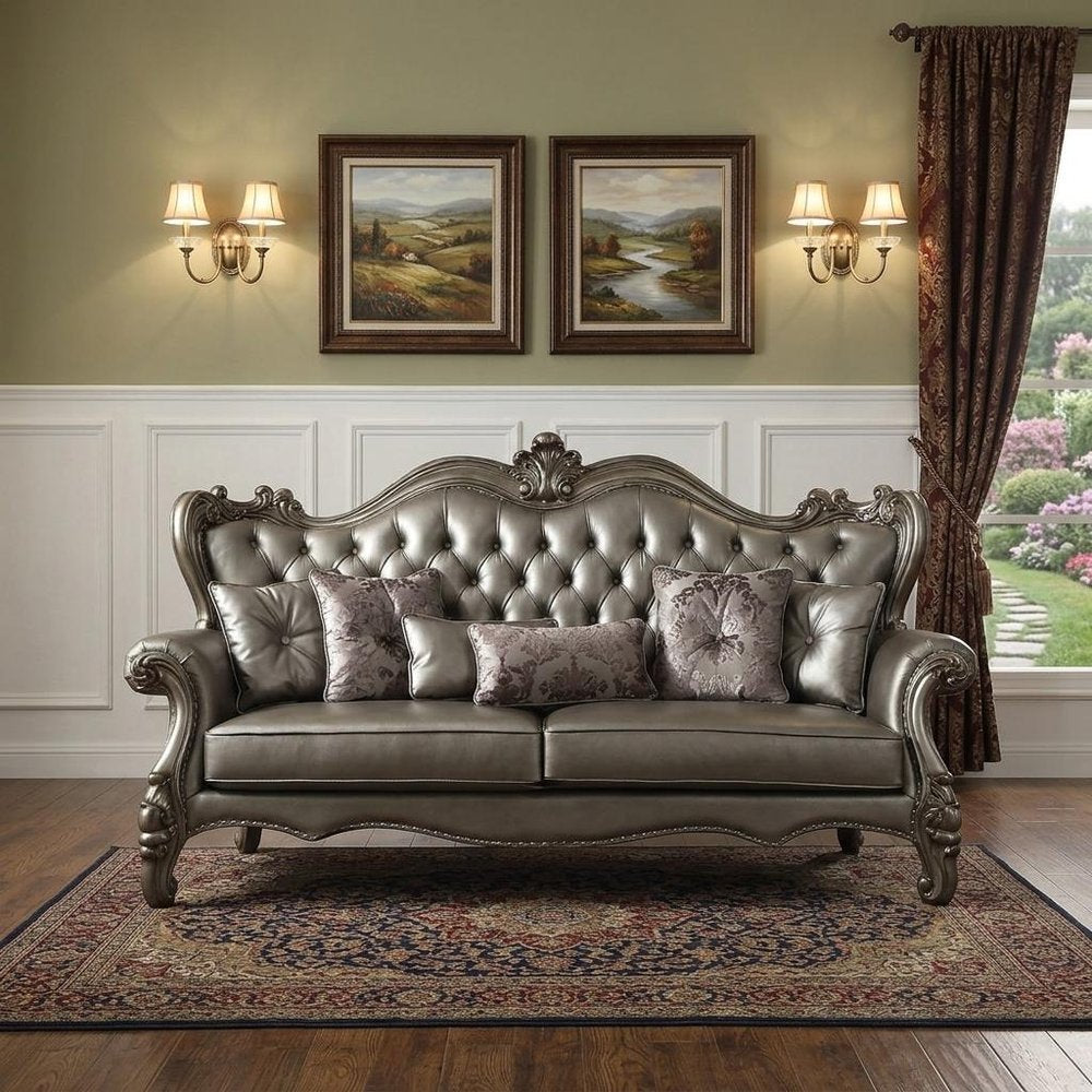 Platinum Faux Leather Curved Sofa and Toss Pillows - 46-inch