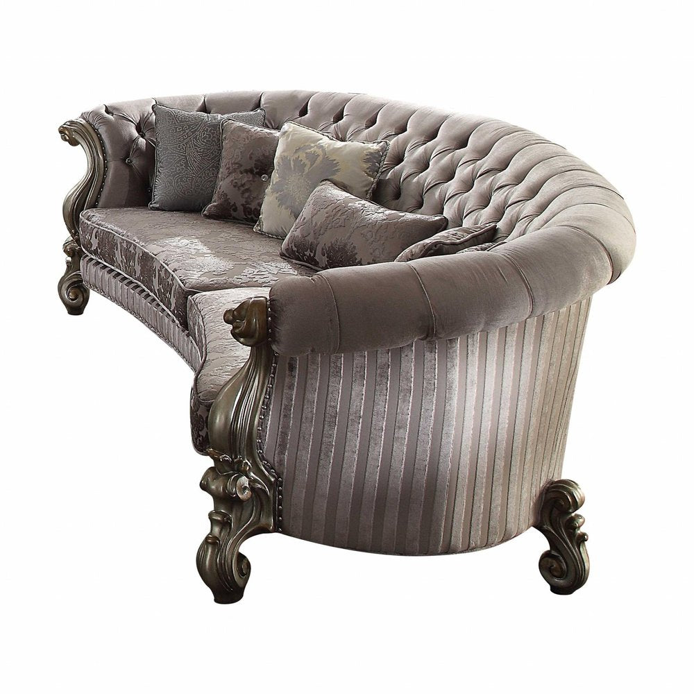 Gray Velvet Curved Floral Sofa and Toss Pillows with Champagne Legs