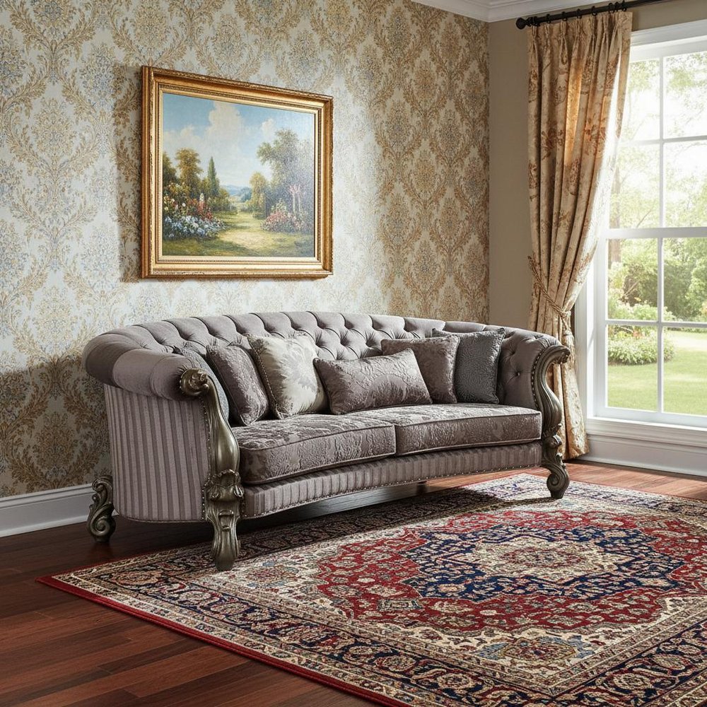 Gray Velvet Curved Floral Sofa and Toss Pillows with Champagne Legs