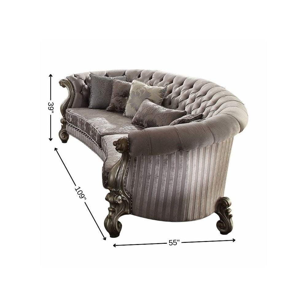 Gray Velvet Curved Floral Sofa and Toss Pillows with Champagne Legs